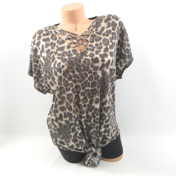 Cy Fashion Top Animal Print Criss-Cross Strappy Ladder V-Neck Batwing Short Slv - Picture 1 of 8